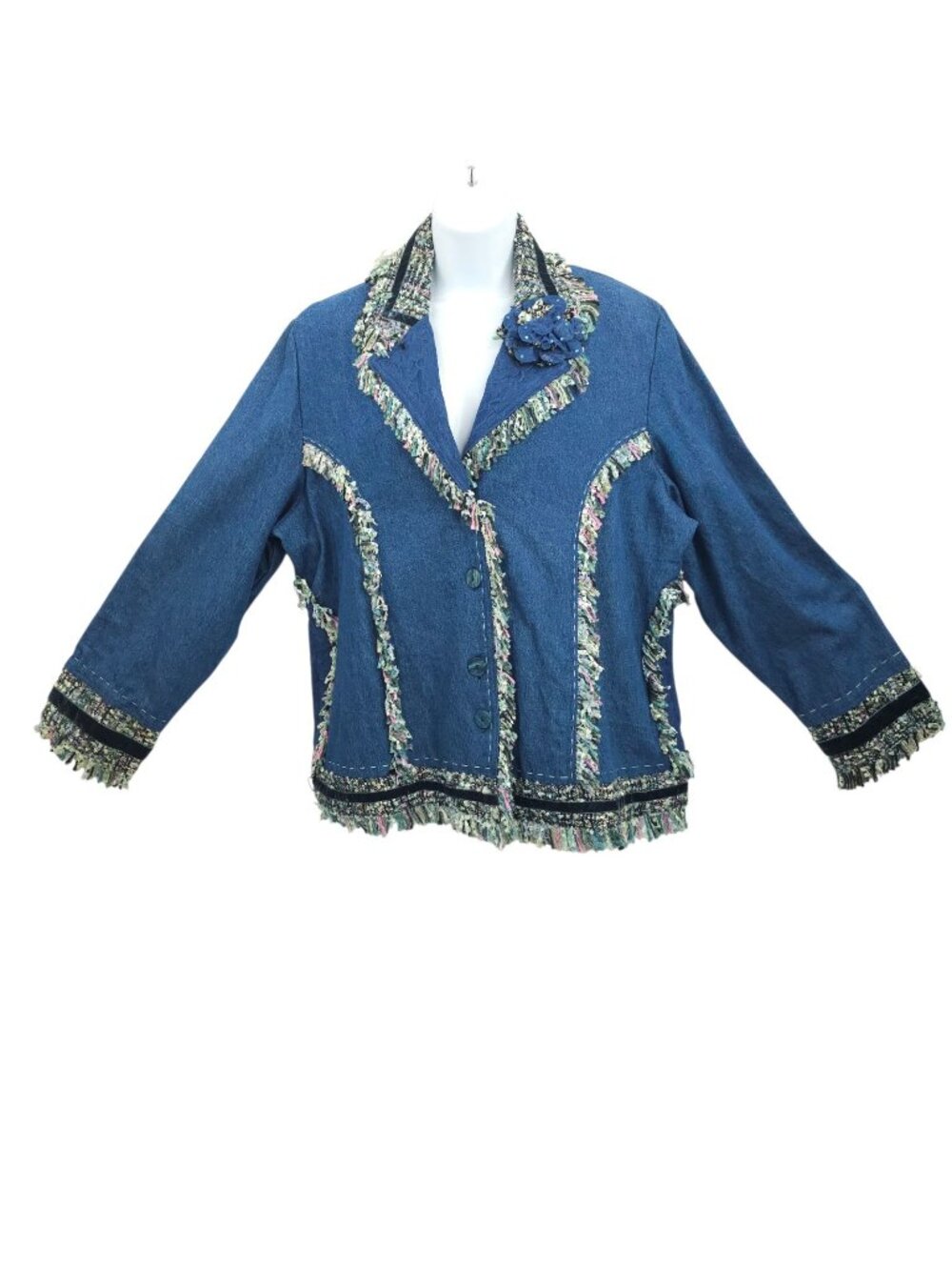 Yak Magik Jacket XL Denim Funky Boho Fringe Art to Wear Mixed Media Hippie Rare